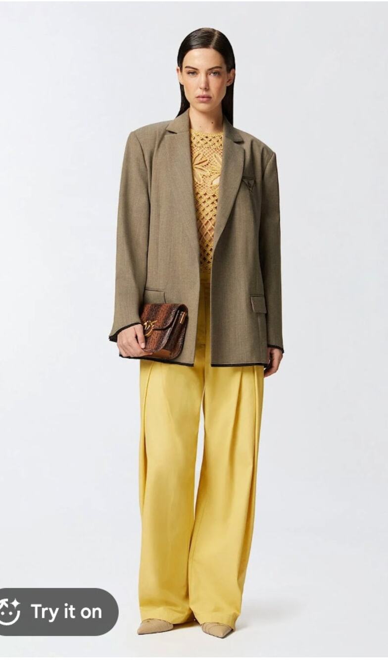 Pinko Pants 42 Ricordi Wide Leg Trousers With Waist Straps Yellow Office Luxury